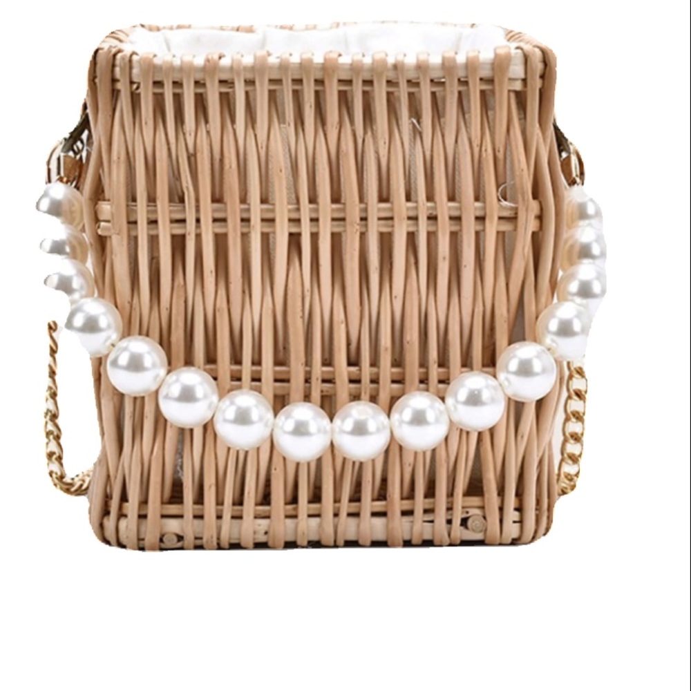 1 left! Faux Pearl Rattan Khaki Small Bucket Bag - Picture 4 of 16